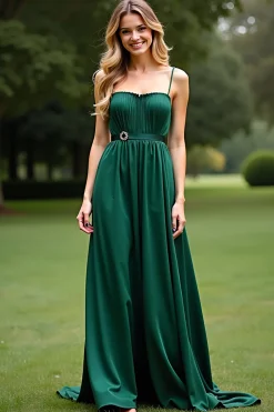 Verde escuro Uma linha espaguete alças longo Chiffon vestido formal