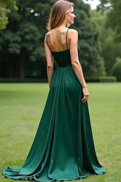 Verde escuro Uma linha espaguete alças longo Chiffon vestido formal