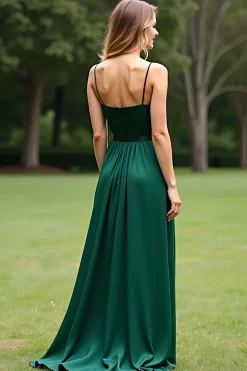 Verde escuro Uma linha espaguete alças longo Chiffon vestido formal