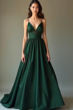 Verde Escuro Uma Linha Esparguete Alças Cetim Vestido Formal Longo
