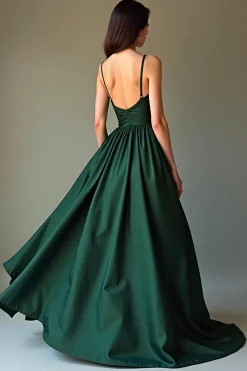 Verde Escuro Uma Linha Esparguete Alças Cetim Vestido Formal Longo