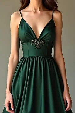 Verde Escuro Uma Linha Esparguete Alças Cetim Vestido Formal Longo