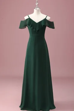 Verde escuro Uma linha fora do ombro babados vestido de dama de honra júnior