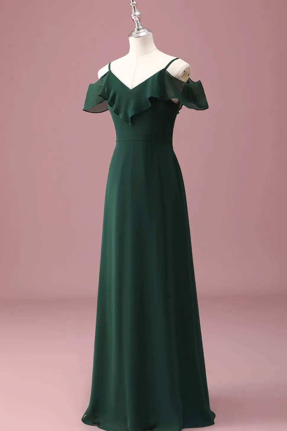 Verde escuro Uma linha fora do ombro babados vestido de dama de honra júnior