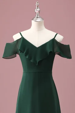 Verde escuro Uma linha fora do ombro babados vestido de dama de honra júnior