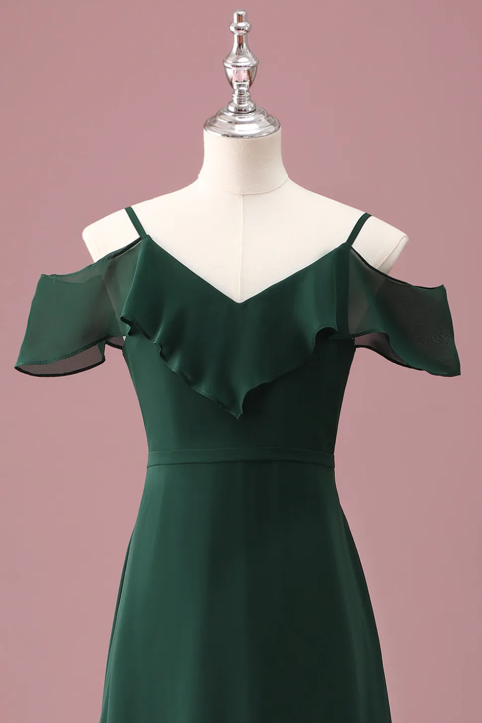 Verde escuro Uma linha fora do ombro babados vestido de dama de honra júnior