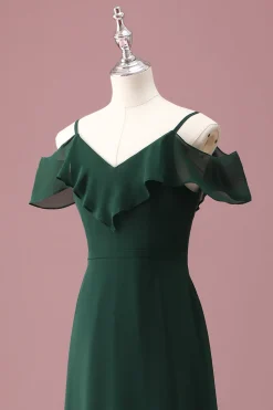 Verde escuro Uma linha fora do ombro babados vestido de dama de honra júnior