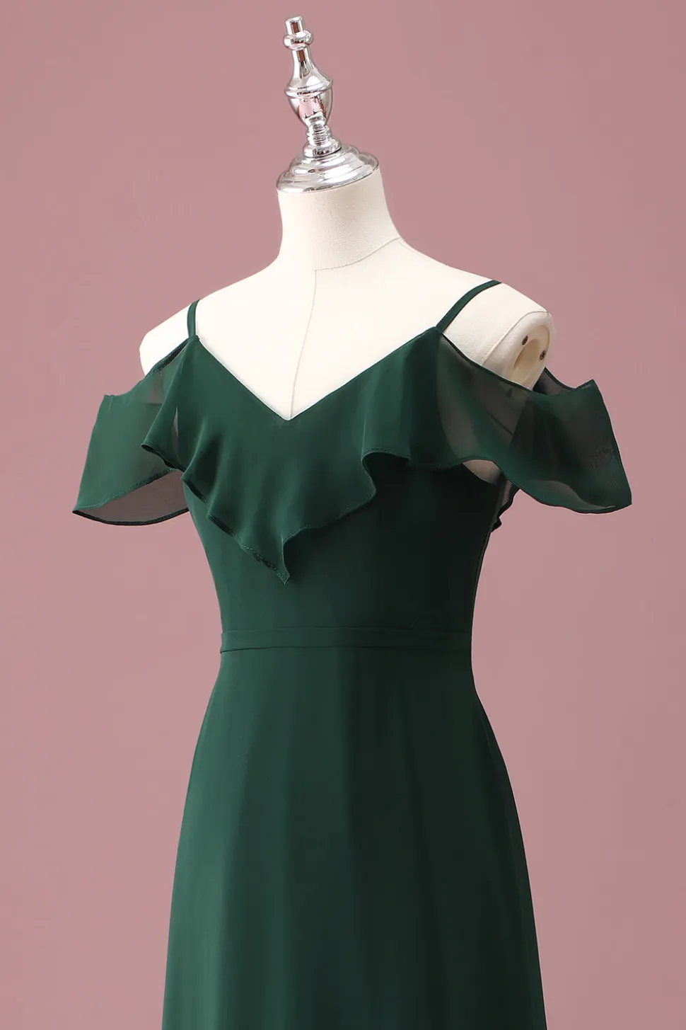 Verde escuro Uma linha fora do ombro babados vestido de dama de honra júnior