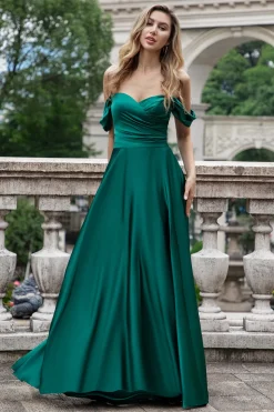 Verde escuro Uma linha fora do Shouder cetim longo vestido de dama de honra