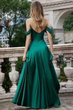 Verde escuro Uma linha fora do Shouder cetim longo vestido de dama de honra