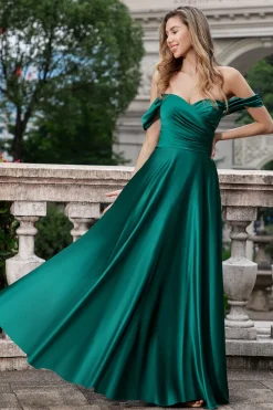 Verde escuro Uma linha fora do Shouder cetim longo vestido de dama de honra