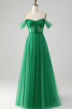 Verde escuro Uma linha fora do ombro espartilho longo vestido de baile