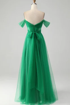 Verde escuro Uma linha fora do ombro espartilho longo vestido de baile