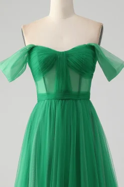 Verde escuro Uma linha fora do ombro espartilho longo vestido de baile