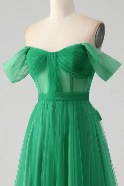 Verde escuro Uma linha fora do ombro espartilho longo vestido de baile