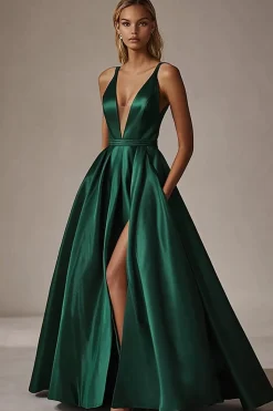 Verde escuro Uma linha profunda V-neck cetim vestido de baile com fenda