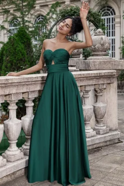 Verde escuro Uma linha querida plissado Keyhole longo vestido de dama de honra