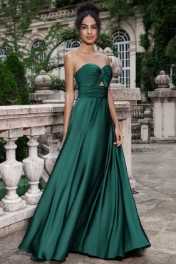 Verde escuro Uma linha querida plissado Keyhole longo vestido de dama de honra