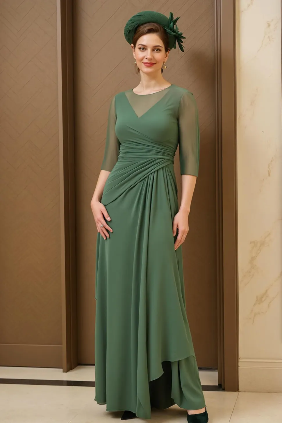 Verde Escuro Uma Linha Ruched Chiffon Mãe do Vestido da Noiva