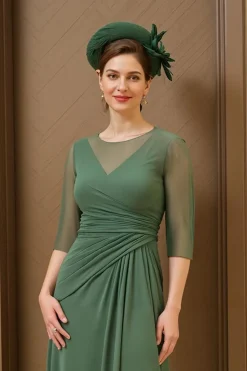 Verde Escuro Uma Linha Ruched Chiffon Mãe do Vestido da Noiva