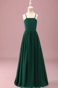 Verde escuro Uma linha Ruched Spaghetti Straps Junior Vestido de dama de honra