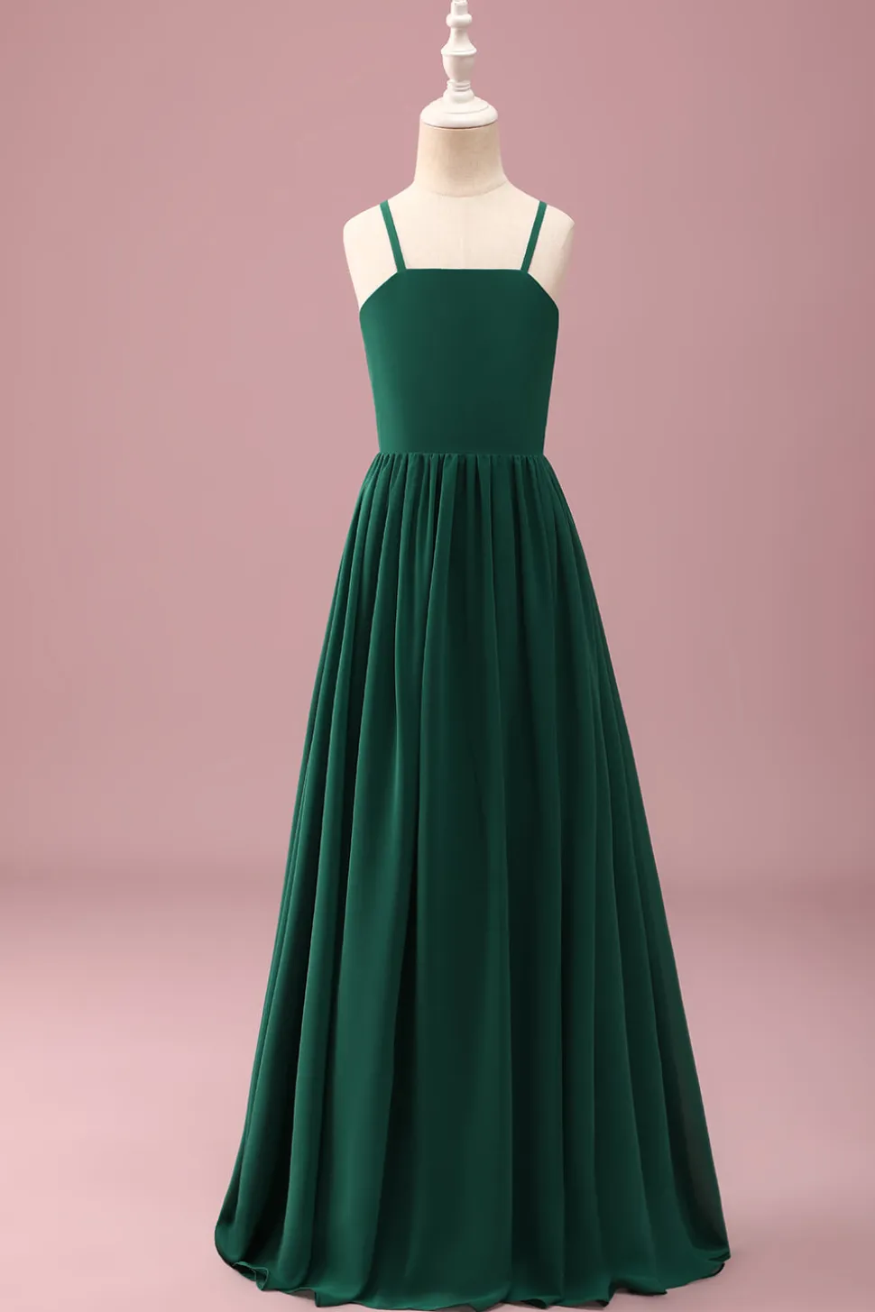 Verde escuro Uma linha Ruched Spaghetti Straps Junior Vestido de dama de honra