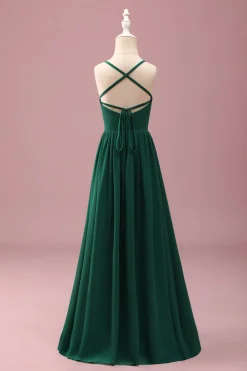 Verde escuro Uma linha Ruched Spaghetti Straps Junior Vestido de dama de honra