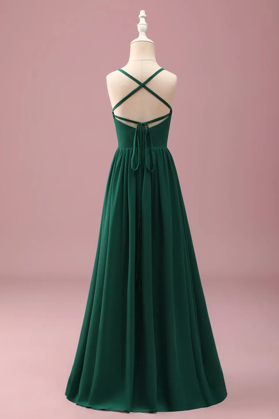 Verde escuro Uma linha Ruched Spaghetti Straps Junior Vestido de dama de honra