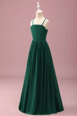 Verde escuro Uma linha Ruched Spaghetti Straps Junior Vestido de dama de honra