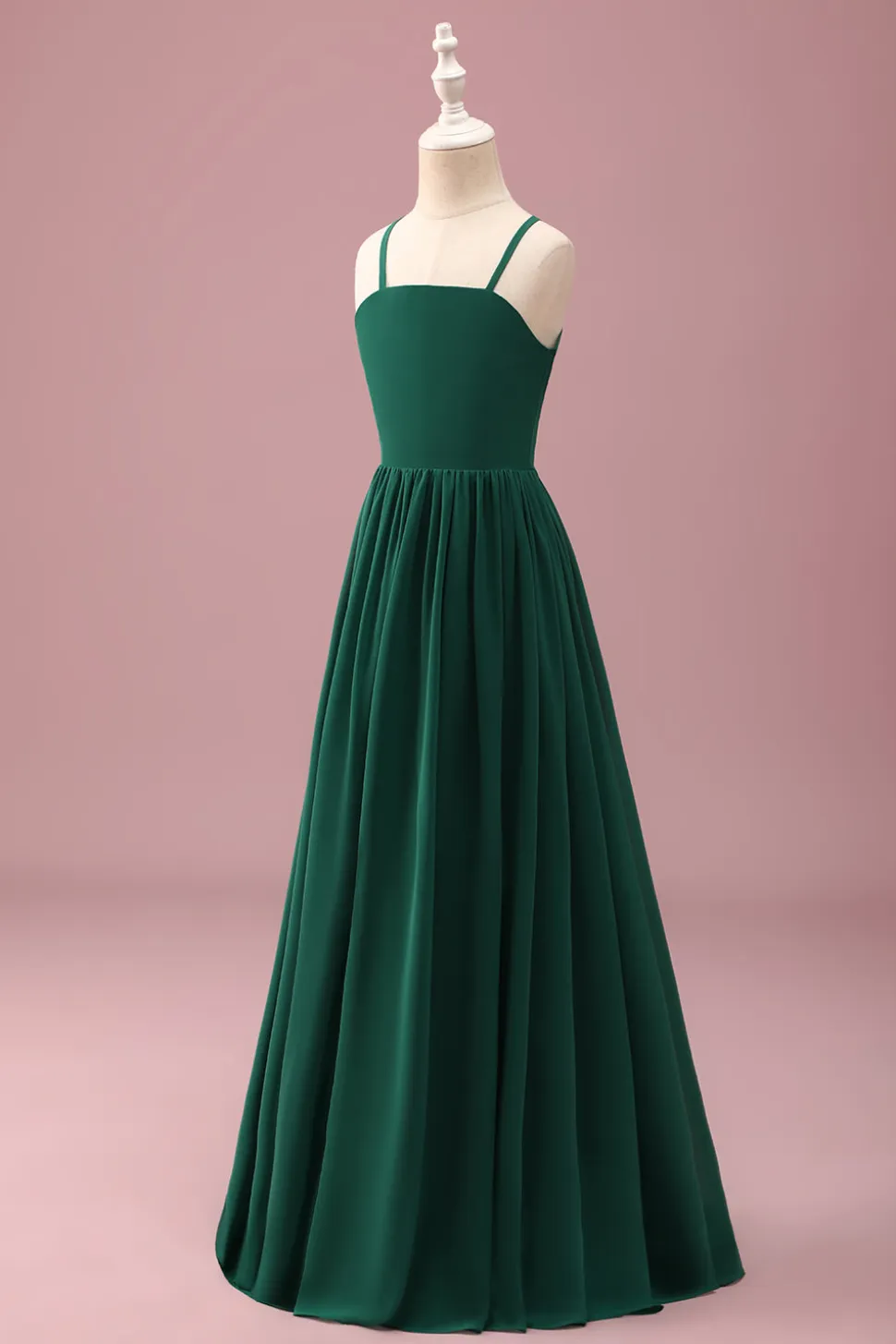 Verde escuro Uma linha Ruched Spaghetti Straps Junior Vestido de dama de honra