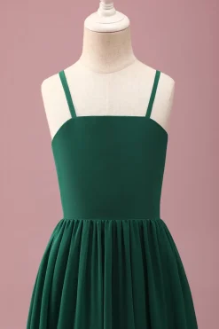 Verde escuro Uma linha Ruched Spaghetti Straps Junior Vestido de dama de honra