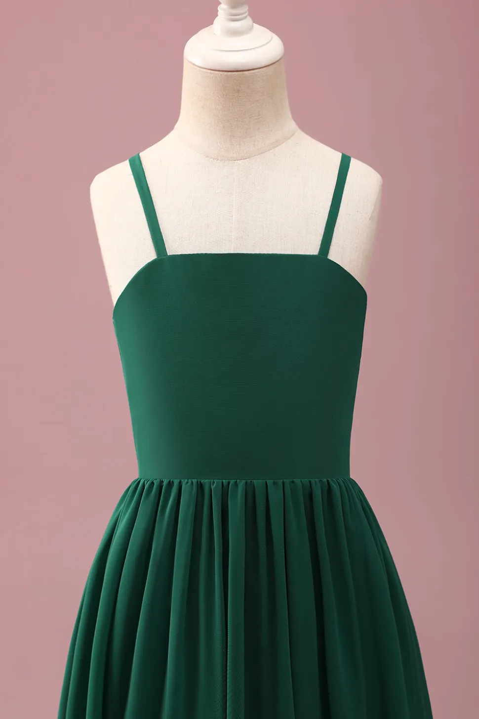 Verde escuro Uma linha Ruched Spaghetti Straps Junior Vestido de dama de honra