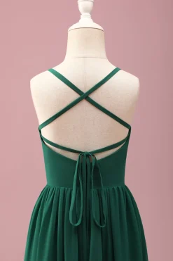 Verde escuro Uma linha Ruched Spaghetti Straps Junior Vestido de dama de honra
