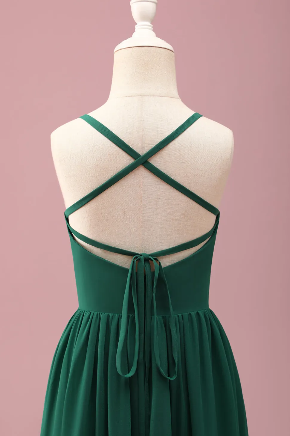 Verde escuro Uma linha Ruched Spaghetti Straps Junior Vestido de dama de honra