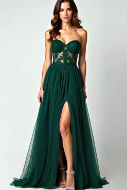 Verde escuro Uma linha sem alças renda fenda longo vestido de baile