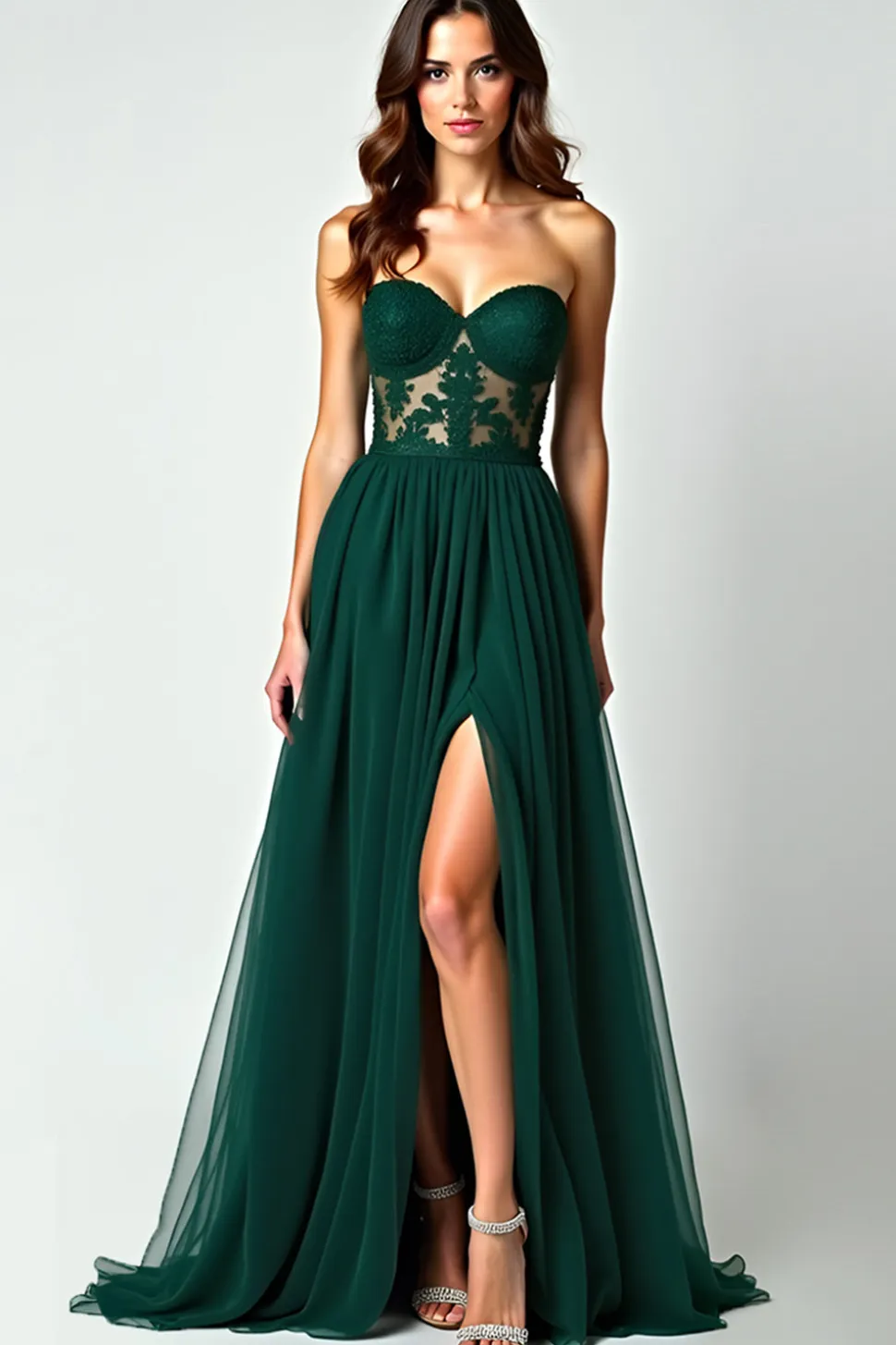 Verde escuro Uma linha sem alças renda fenda longo vestido de baile
