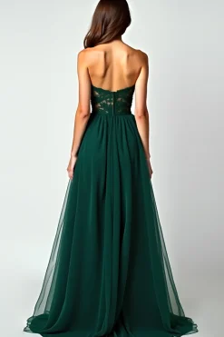 Verde escuro Uma linha sem alças renda fenda longo vestido de baile