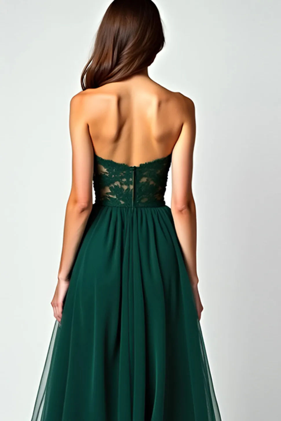 Verde escuro Uma linha sem alças renda fenda longo vestido de baile