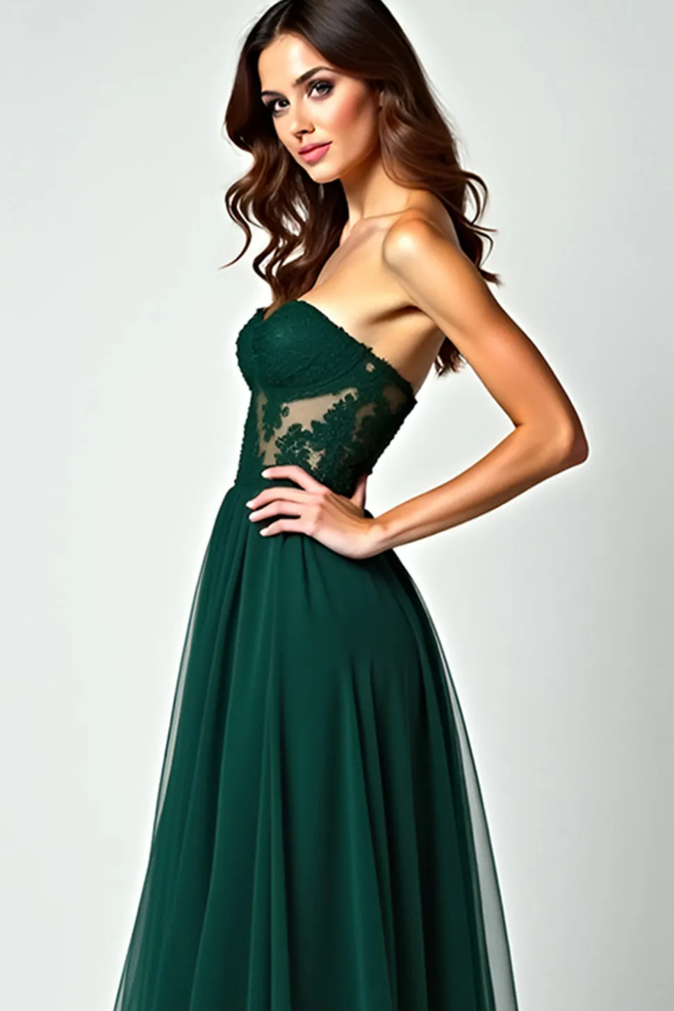 Verde escuro Uma linha sem alças renda fenda longo vestido de baile