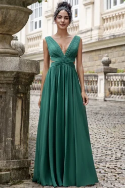 Verde escuro Uma linha V pescoço Chiffon longo vestido de dama de honra com renda para trás