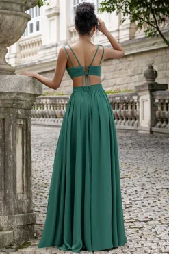 Verde escuro Uma linha V pescoço Chiffon longo vestido de dama de honra com renda para trás
