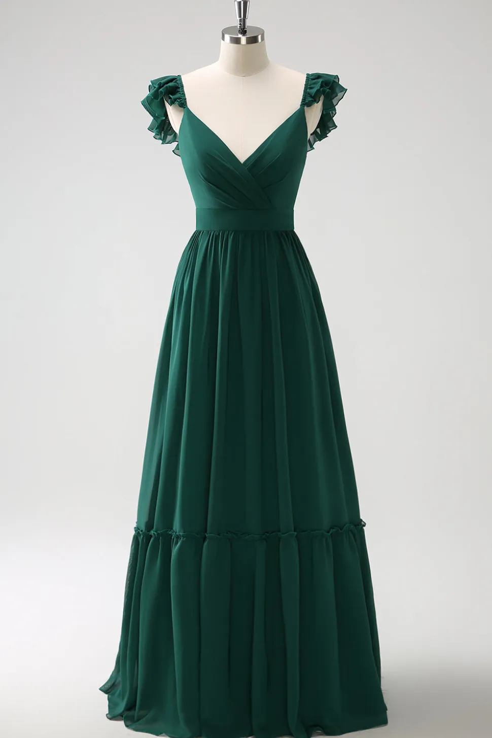 Verde escuro Uma linha V-Neck Chiffon longo vestido de dama de honra