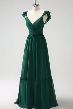 Verde escuro Uma linha V-Neck Chiffon longo vestido de dama de honra
