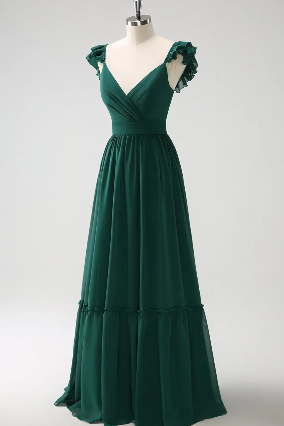 Verde escuro Uma linha V-Neck Chiffon longo vestido de dama de honra