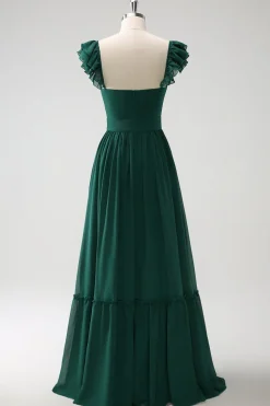 Verde escuro Uma linha V-Neck Chiffon longo vestido de dama de honra