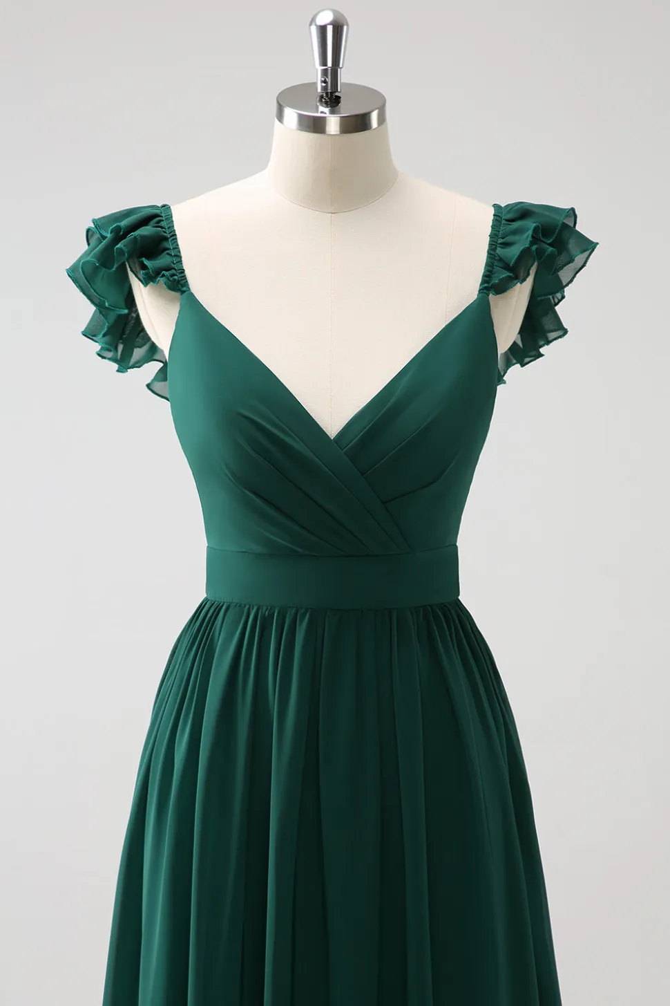 Verde escuro Uma linha V-Neck Chiffon longo vestido de dama de honra