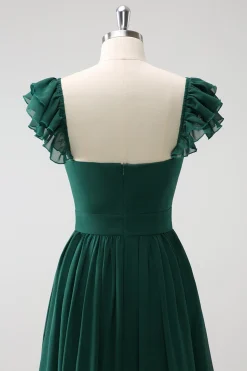 Verde escuro Uma linha V-Neck Chiffon longo vestido de dama de honra