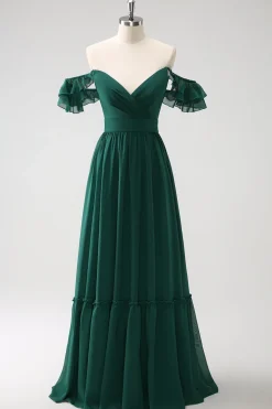 Verde escuro Uma linha V-Neck Chiffon longo vestido de dama de honra