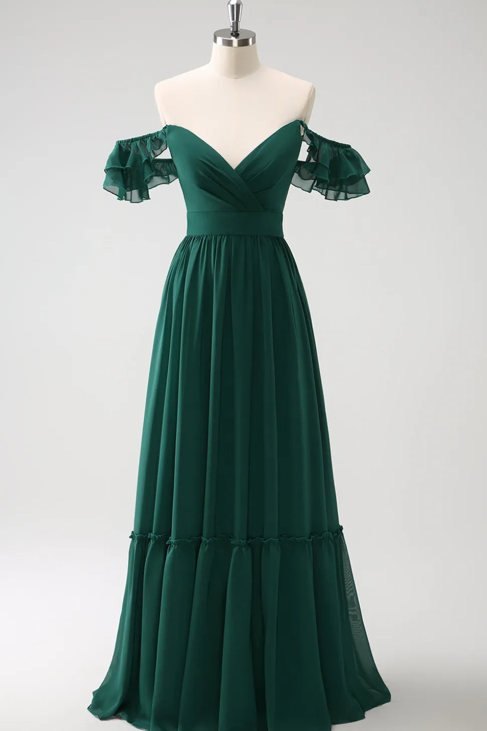 Verde escuro Uma linha V-Neck Chiffon longo vestido de dama de honra