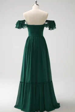 Verde escuro Uma linha V-Neck Chiffon longo vestido de dama de honra